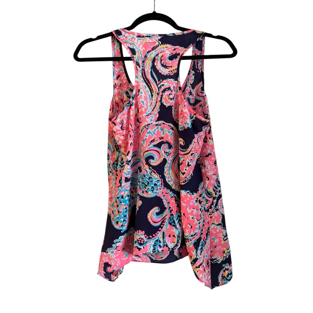Lilly Pulitzer 100% Silk Malie Tank Top Dark Blue Pink Yellow Paisley Print S